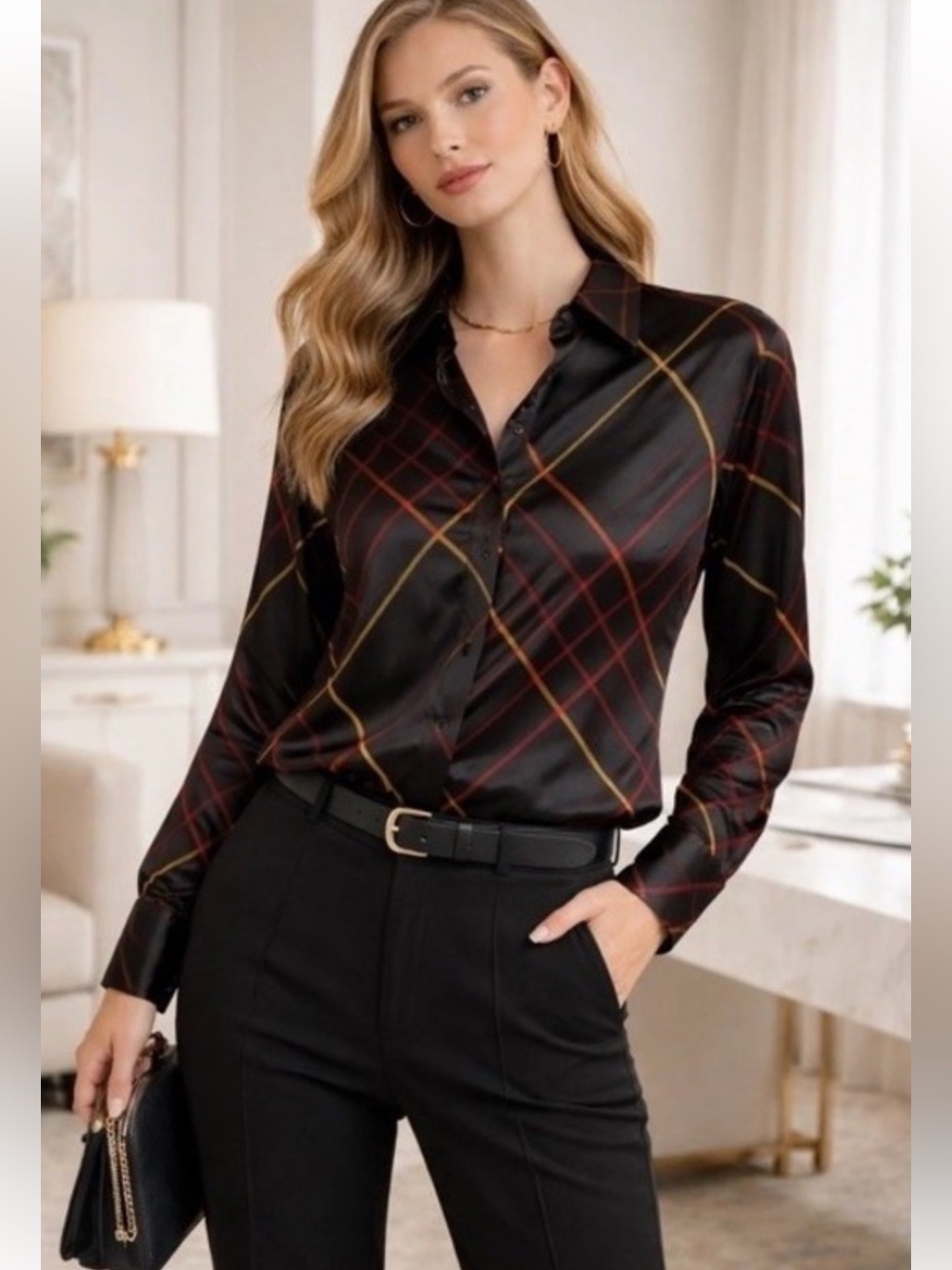 rag & bone Black Satin Plaid Button-Down Shirt with Red and Gold Lines
